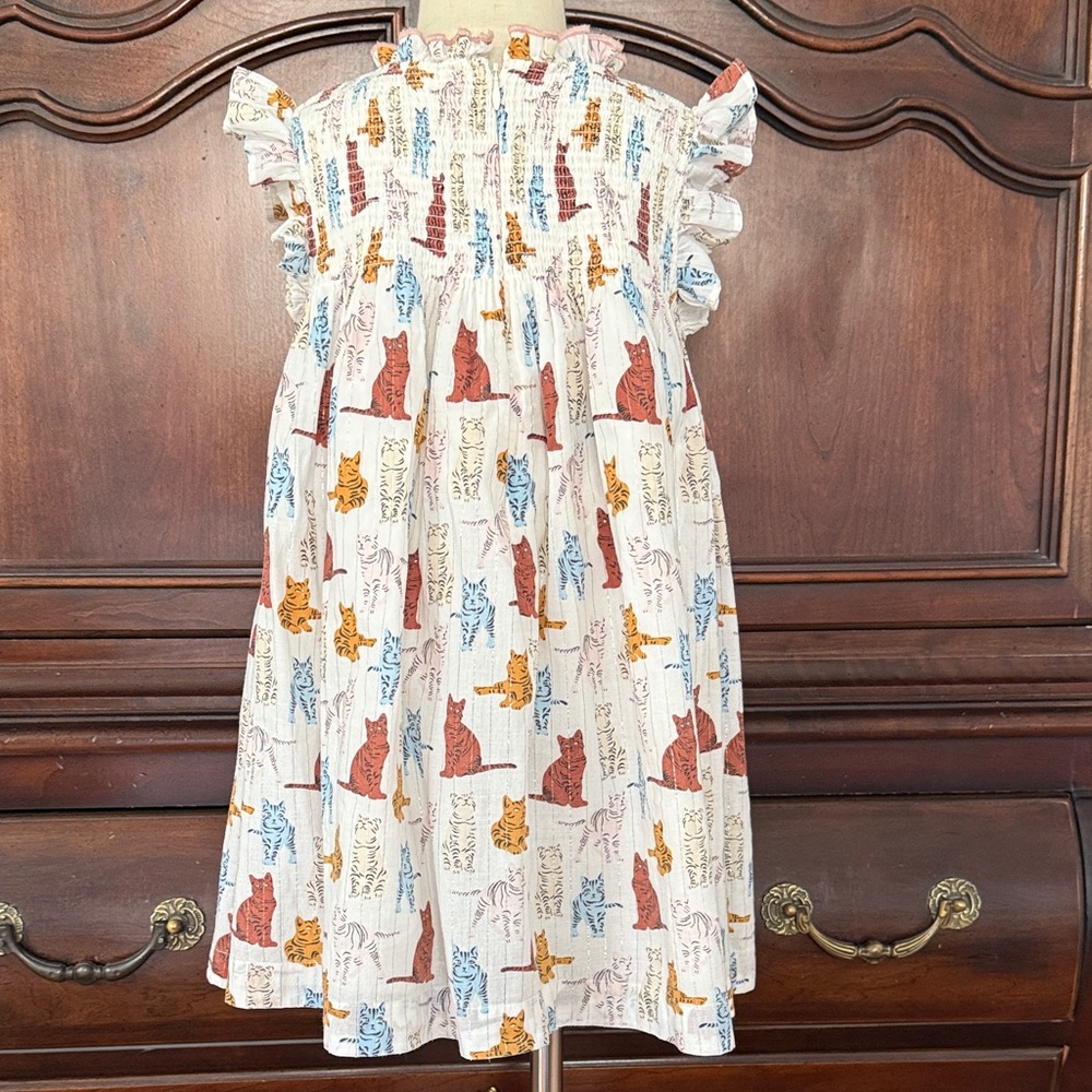 PINK CHICKEN Cat Print Dress Girls 4T Smocked Flutter Sleeve - Picture 8 of 9